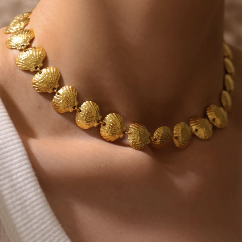 Summer Natural Shell Round Chic Pendant Necklace Waterproof Stainless Steel Golden High Quality Jewelry Accessories
