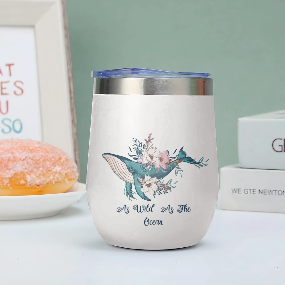 Whale Tail and Flowers Vacuum Flasks 12oz Insulated Wine Tumbler Vacuum Coffee Mug Egg Shape Thermos Cup