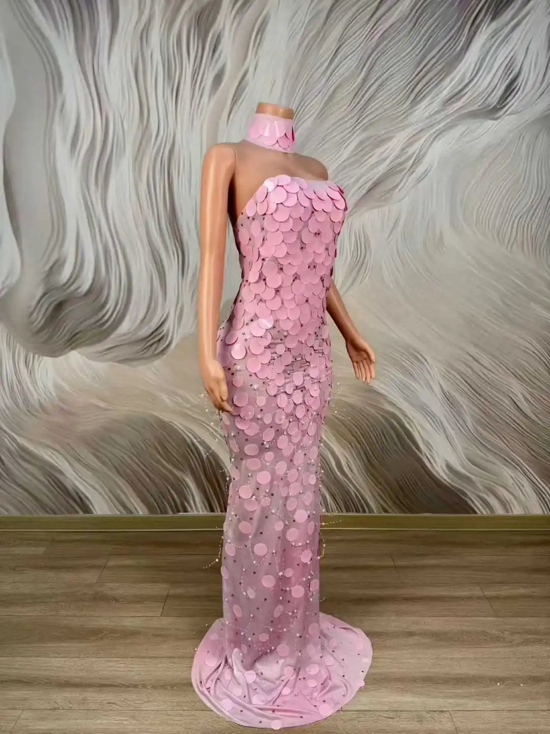 

Pink Round Sequined Sparkly Floor Length Elegant Dress For Women Sleeveless Birthday Evening Night Out Drag Queen Costume 2026