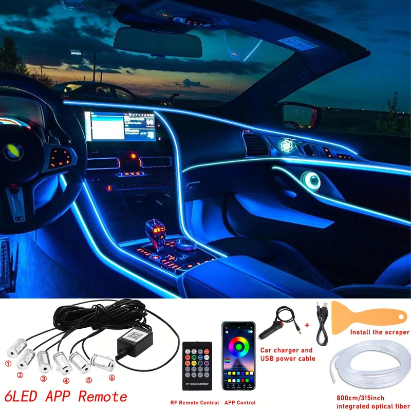 

6 in 1 RGB LED Car Interior Ambient Light Kit Flexible 8M Fiber Optic Strip App Control DIY Atmosphere Decorative Lamp Universal