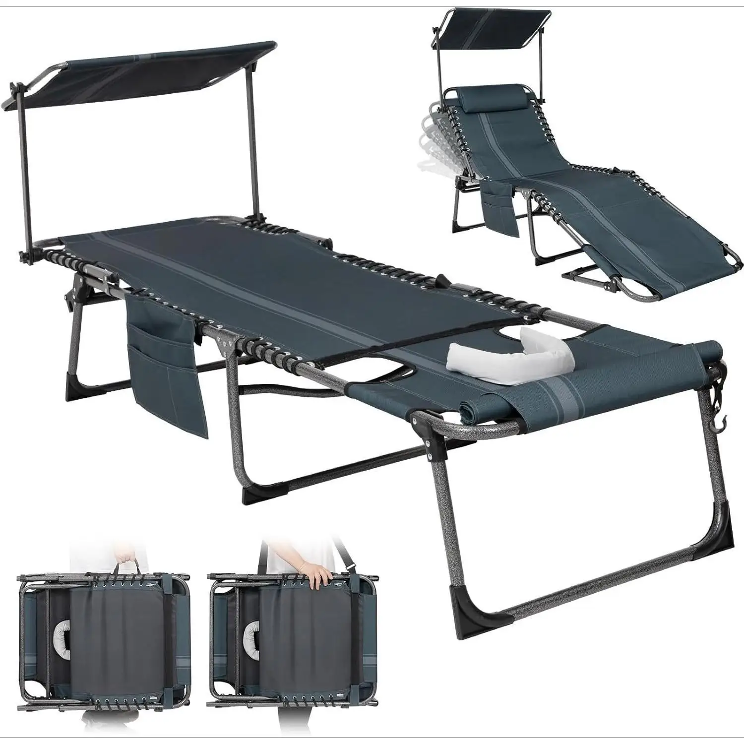 2 Pack Lounge Chair Outdoor with Canopy & Face Hole, Adjustable 5-Position Folding Chaise Tanning Recliner Portable ComfyChaiser