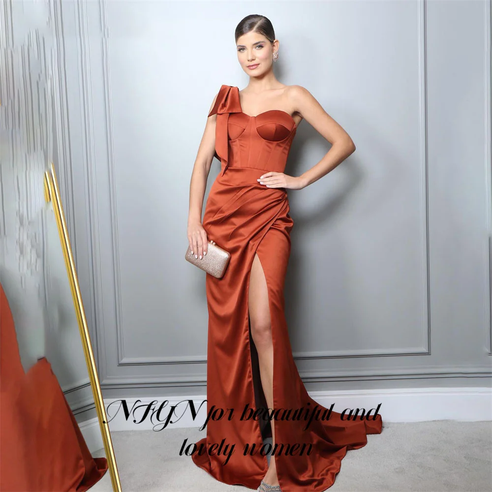 NFYN Burnt Orange Evening Dresses One Shoulder Party Dress Floor Lenght Satin Prom Gown Side Split Vestidos De Noche Customized