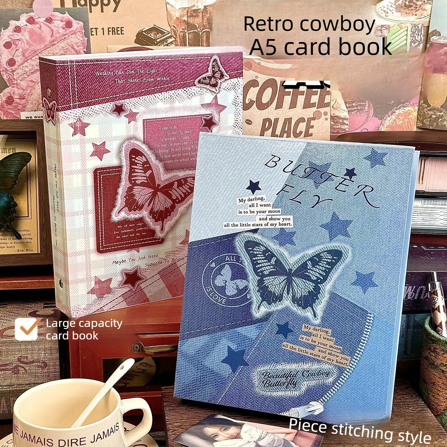 Retro Imitation Denim Patchwork Butterfly A5 Loose-leaf Card Album, High Appearance Student Card Collection Album