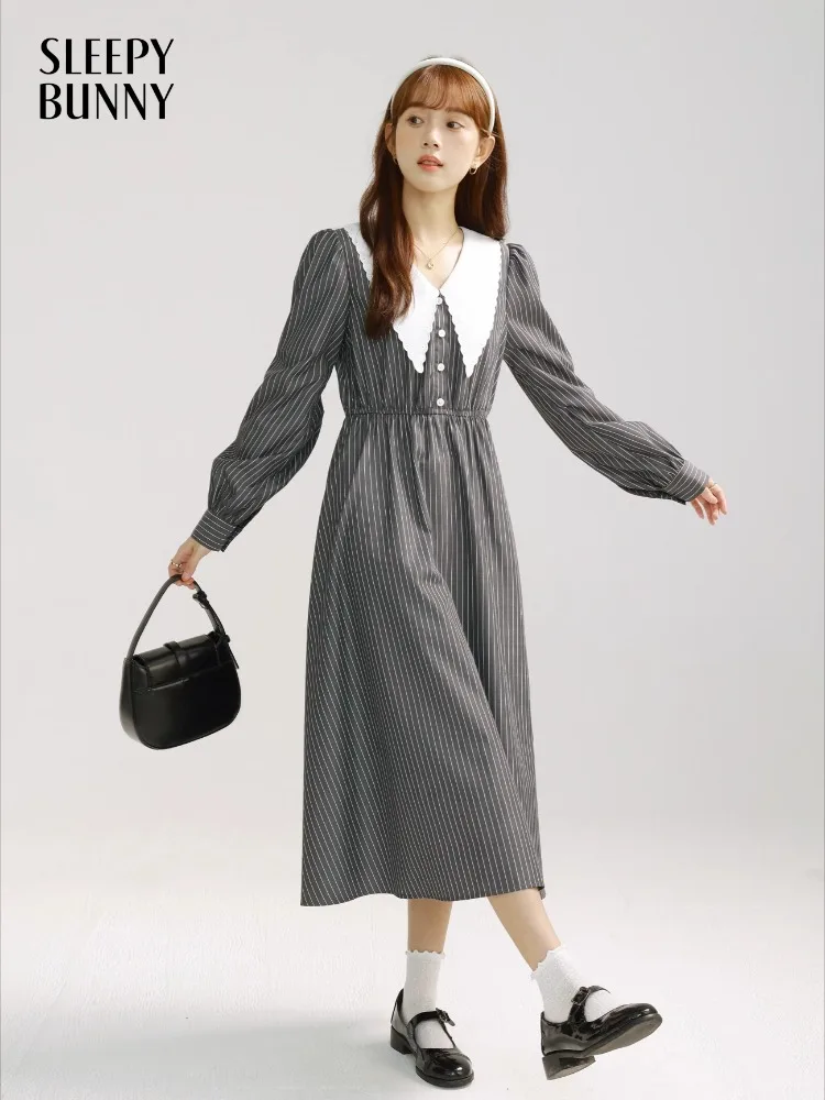 

Vintage Striped Long Sleeve Dress Women Spring Peter Pan Collar Midi Dress High Waist Slim Elegant A-Line Long Skirt Daily Look