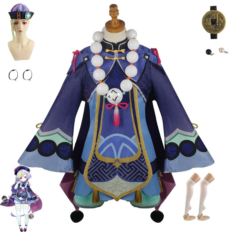 Genshin Impact Qiqi Zombie Girl Cosplay Costume Jiangshi Lolita Dress Blue White Talisman Headband Loose Sleeve For Women Stage