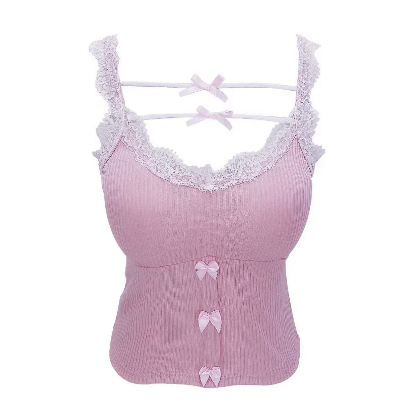 Pink Crop Top Women Summer Cute Y2k Tops Lace Trim Bows Decoration Slim Camis Sweet Girls Lolita Style Aesthetic Kawaii Clothes