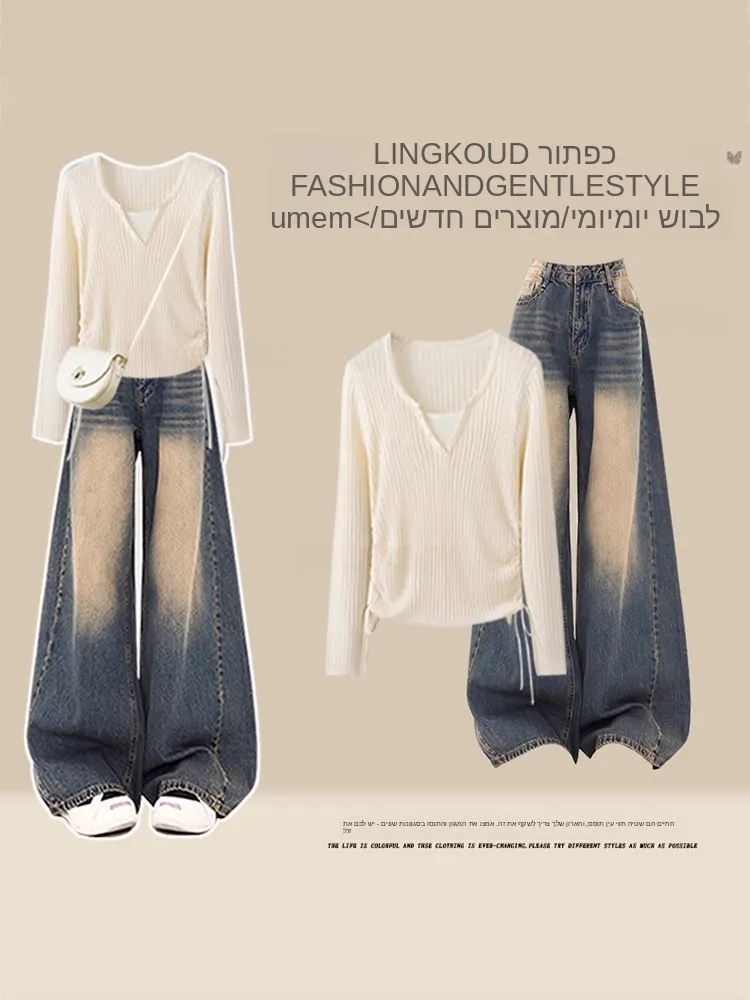 

Korean Style High Waist Wide Leg Jeans And Knitted Top Two-Piece Set for Women Spring Autumn Casual Pure Color V-Neck Long Sl...