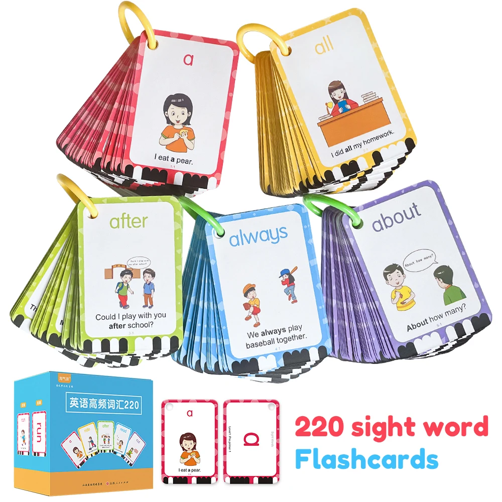 

220Pcs Sight Words Learning Flash Cards for Kids 3-6 Years Reading Enlightenment Cards Educational Toys Montessori Teaching Aids