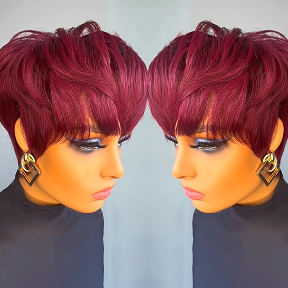 99J Burgundy สี Pixie ตัดตรงวิกผมผมมนุษย์ผู้หญิงเต็มรูปแบบวิกผมมนุษย์ 150% ความหนาแน่น 6 นิ้ว