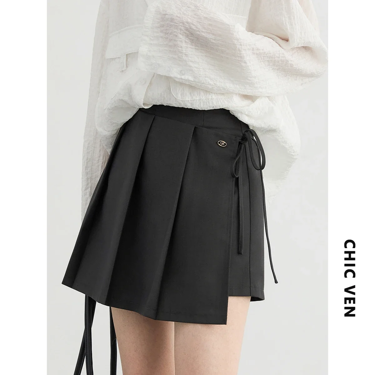 CHIC VEN Spódnice damskie Slim New Casual High Waisted Pleated Casual Pants A-line Lace Up Shorts Skirt Early Autumn 2024