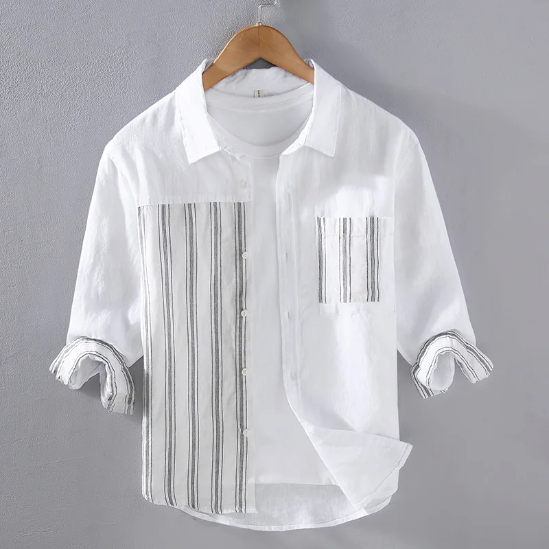 100% Linen High Quality Striped Shirts Men\'s Summer Fashion Patchwork Breathable Natural Three Quarter Sleeve Lapel Thin Blouses