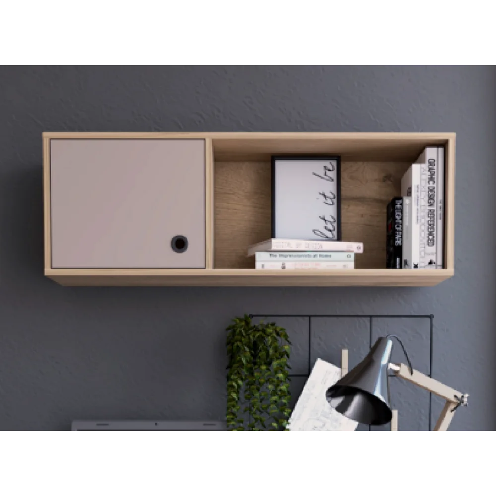 Khali 2-Pc Office Set, Two Shelves Two Drawers Wall Cabinet Single Door Cabinet -Light Oak / Taupe