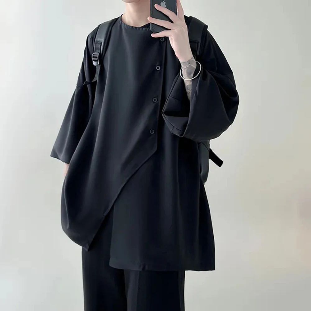 

Men's New Irregular Oblique Button Short-Sleeved Shirt American Retro Fashion Trend Simple Loose Casual Breathable Men's Tops