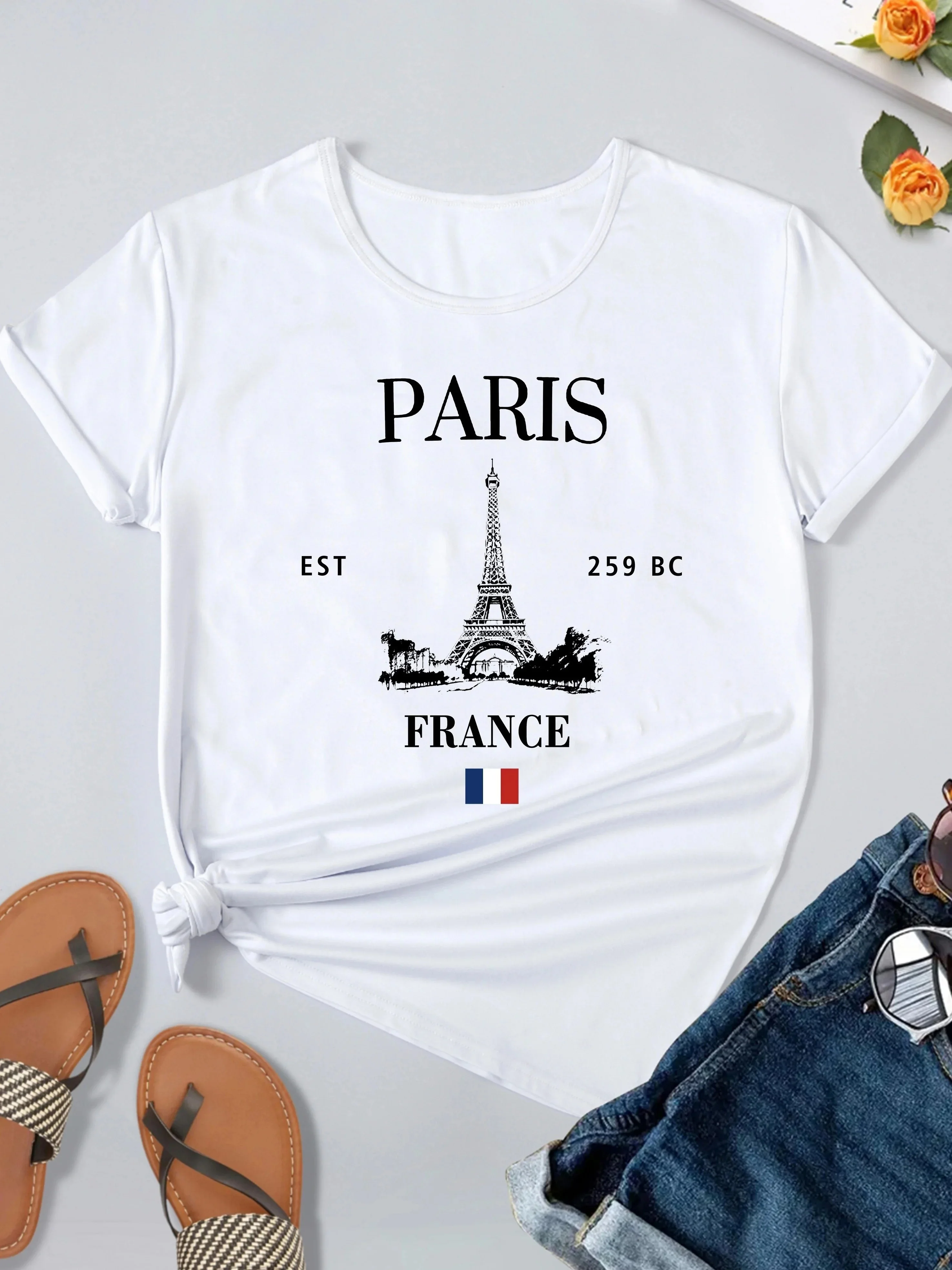 

Paris Eiffel Tower Print T-shirt, Casual Crew Neck Short Sleeve Top For Spring & Summer, Women's Clothing