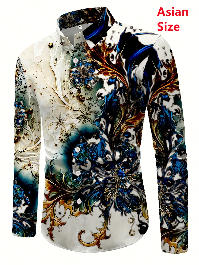 2025 Spring Mens Shirts Fashion Retro Street Texture Printed Shirts Men's Long-sleeved Lapel Shirt Shirt Top Office Clothing