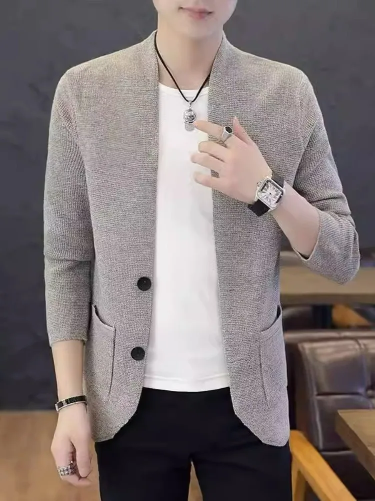 봄 가을 남성 니트 재킷 슬림핏 캐주얼 얇은 외투 브이넥 긴팔 패셔너블 탑 젊은 남성용