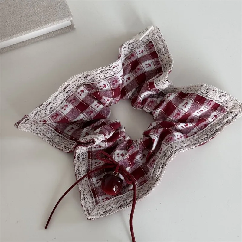 Red Plaid Cherry Windmill Hair Ring Large Intestine Hair Ring Spring New Cherry Square Ring Hair Accessories Head Rope Headdress