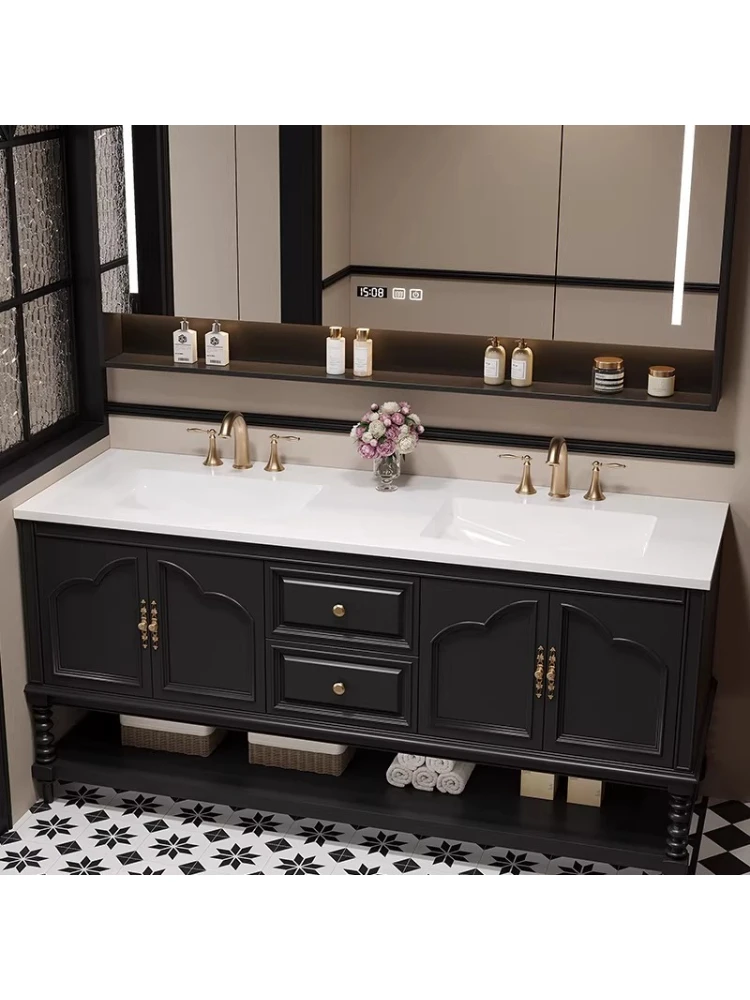 

Французский ретро-комплект мебели для ванной комнаты от пола до потолка: тумба из каменной плиты с интегрированной раковиной и унитазом, выполненные методом горячей гибки.