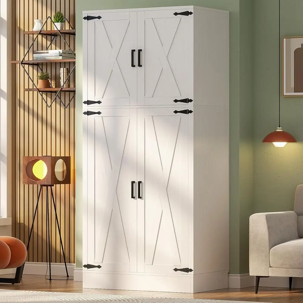 

71 Tall Barn Door Wardrobe with Hanging Rod and Adjustable Shelves for Bedroom, Living Room, or Office in White