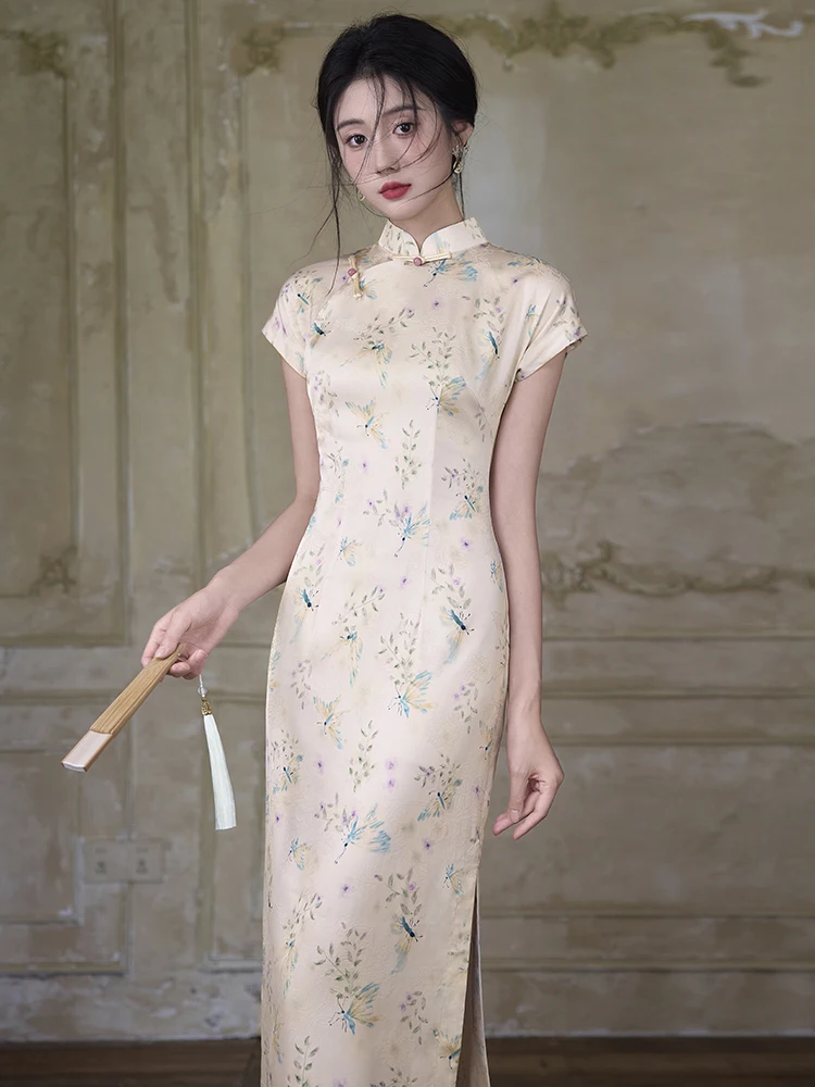 

Young Girl's Traditional Chinese Sle Long Qipao Dr Breathable Lightweight Summer Faion Low Slit Daily Wear ort Sve