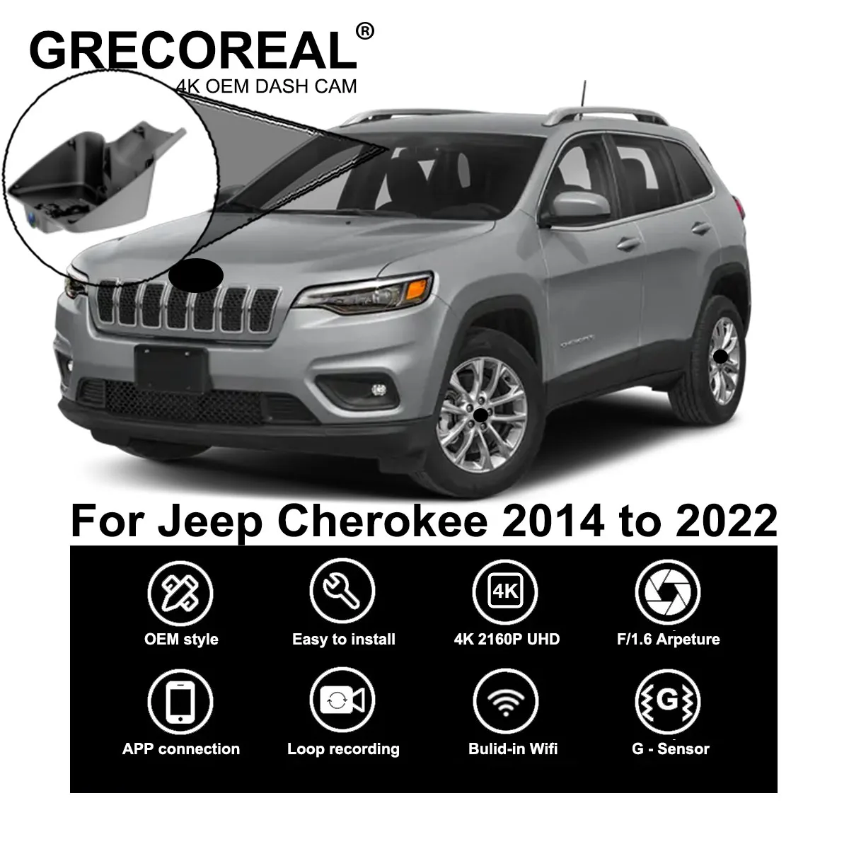 

GRECOREAL 4K Car Dash Cam Front and Rear 2160P WiFi Dual Dashcam Car Camera APP Control Plug Play Compatible with Jeep Cherokee