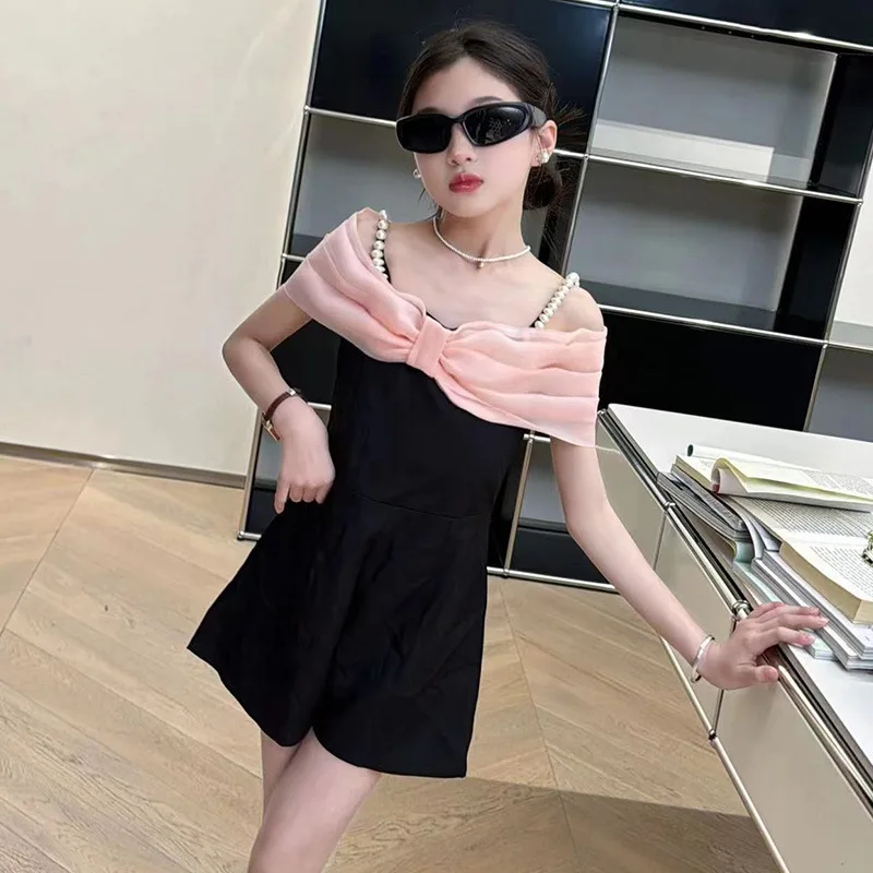 Girls Pantskirt Big Bow Pearl Romper Cute Everything Sweet 2024 Summer New Simple Casual Fashion Pants Korean Sweet Style