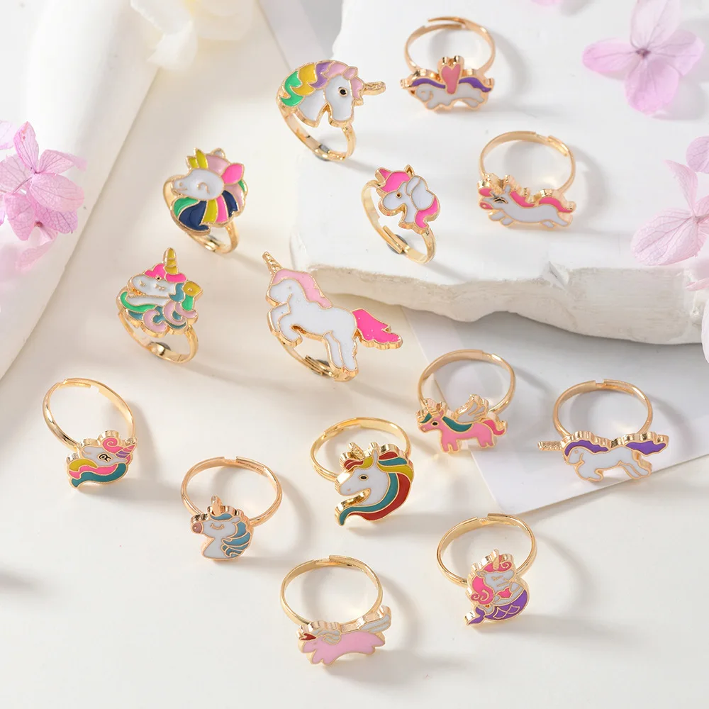 14Pcs Adjustable Rings for Girls Women Cute Cartoon Unicorn Alloy Ring Fashion Beauty Jewelry Christmas New Year Gift for Girl