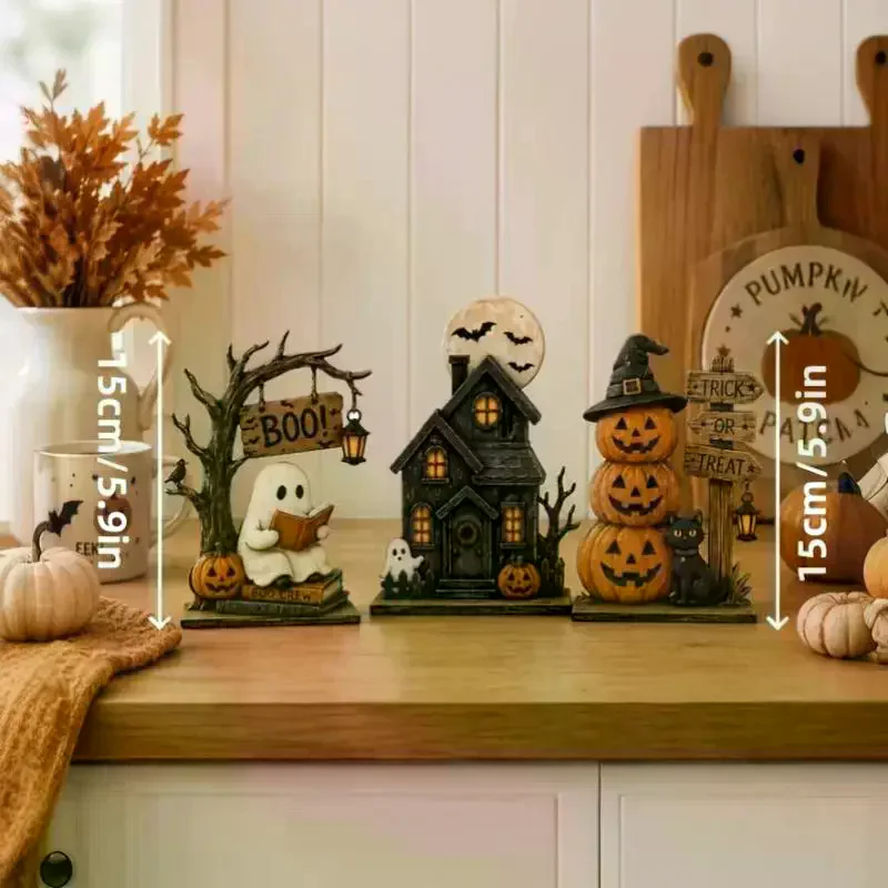 3Pcs Vintage Halloween Wooden Indoor Decorations With Ghost Black Cat Pumpkin Elements For Shelf Decoration