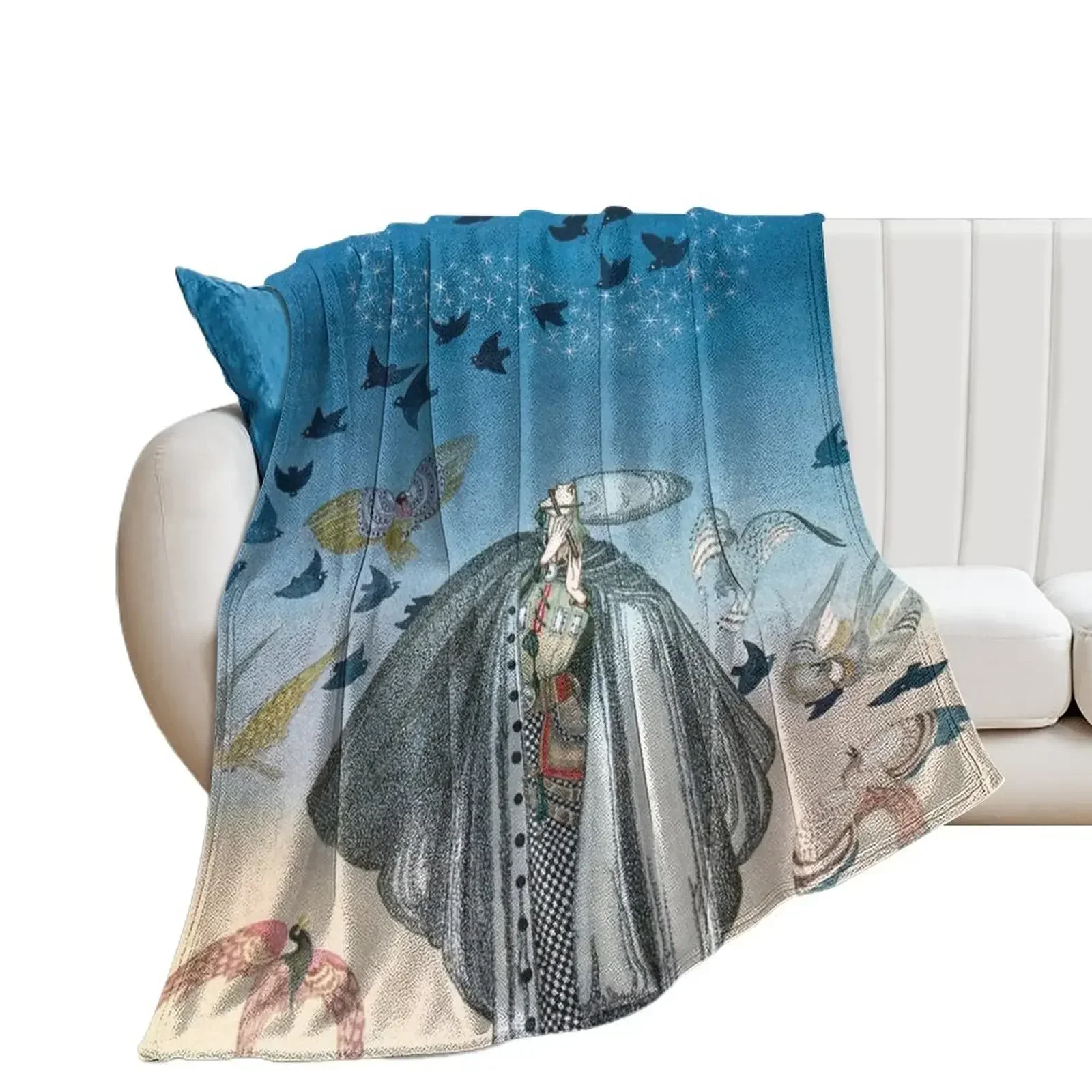 Kay Nielsen art Illustration of Nordic Soldier playing the flute summoning birds Throw Blanket bed plaid sofa bed Blankets