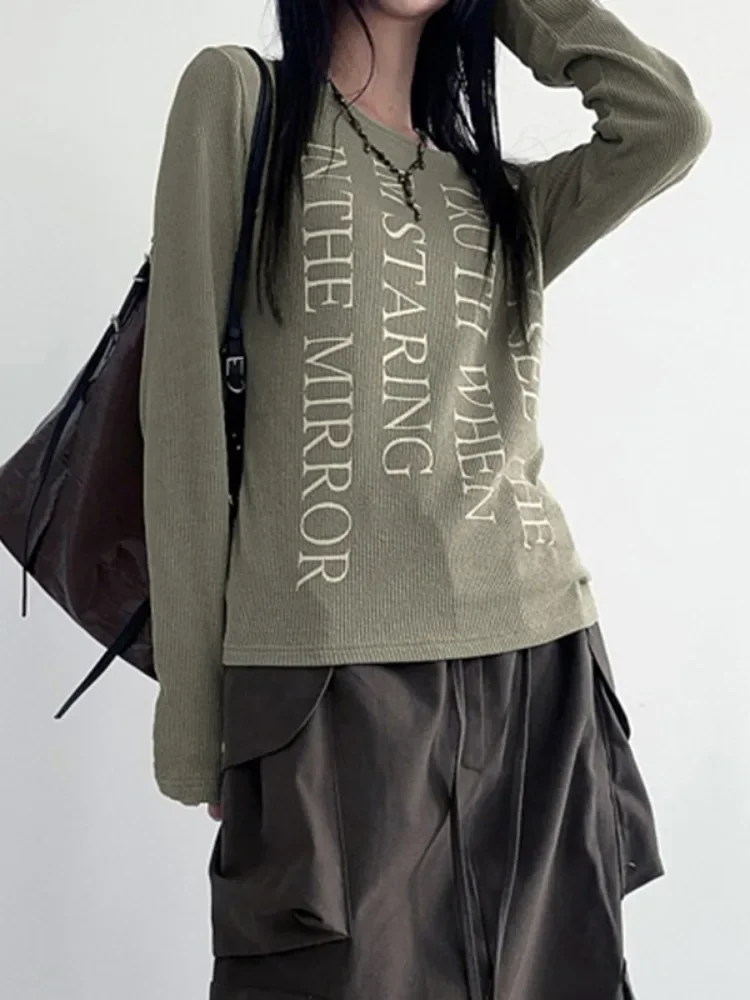 Y2k Esthétique Slash Cou Vintage T-shirts Occasionnels Streetwear Lettre Impression Grunge T-shirts Femmes Harajuku Simple 2024 Automne T-shirt