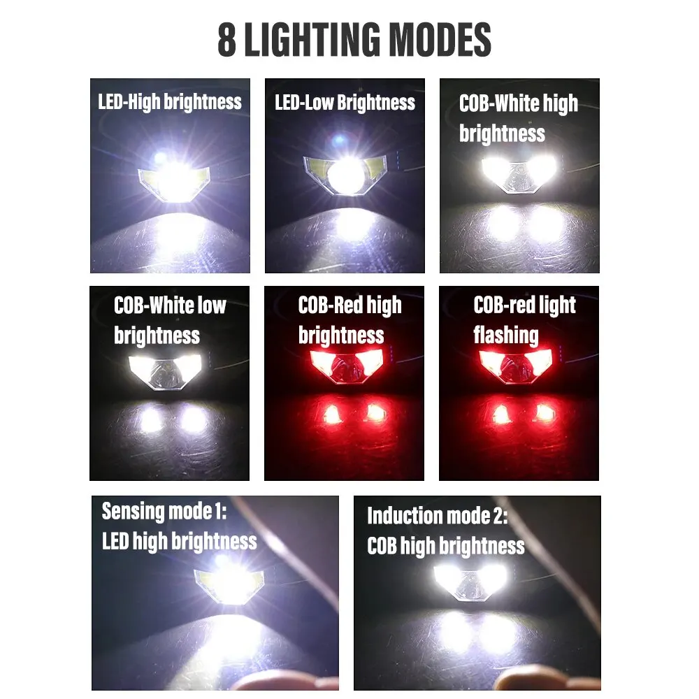 F2 충전식 LED 헤드램프 센서 헤드라이트, COB 및 LED 비즈, 8 가지 조명 모드, 화이트 및 레드 라이트, 낚시 조명, 캠핑