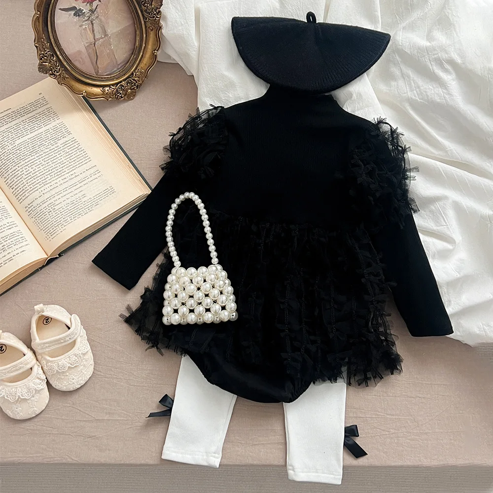 2024 Spring Baby Girls Rompers Cotton Mesh Long Sleeve Solid Infant Girls Bodysuit Fashionable Princess Toddler Girls Outfits