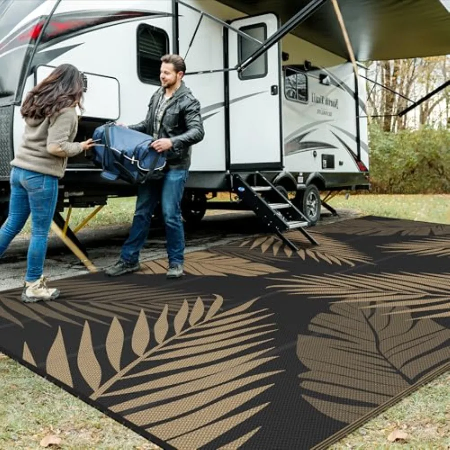 

Outdoor Rug 10' x 20' Waterproof for Patios, Reversible Plastic Straw Rug in Black Brown Durable, Lightweight, All-Weather Use