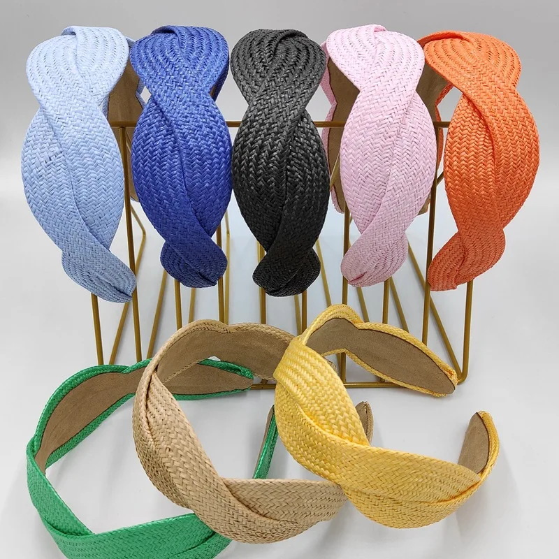 Bohemian Straw Colorful Wide Brim Headband for Women Solid Color Vacation Style Hairband Fashionable and Simple Hair Accessories