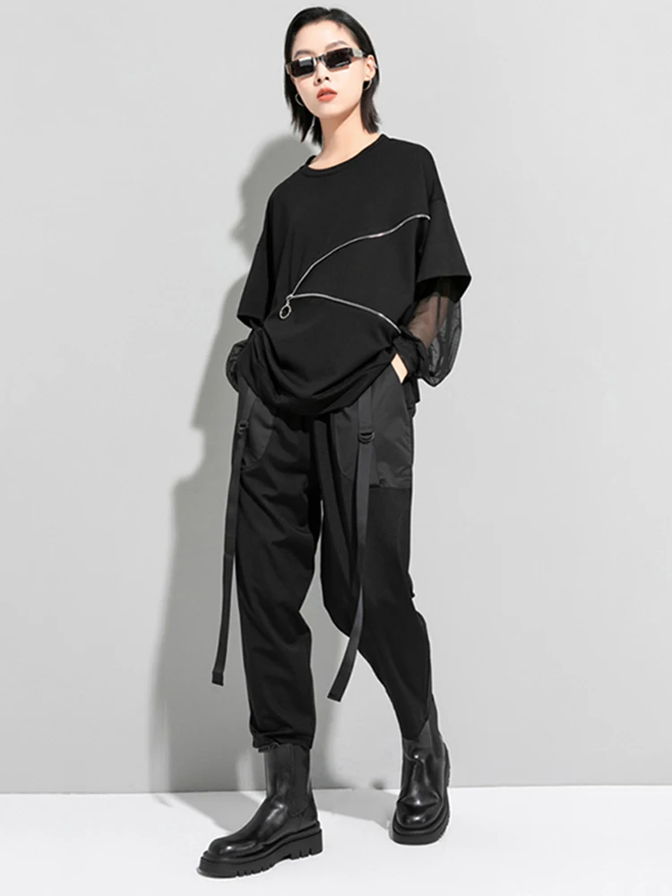 [EAM] damska czarna siateczka zapinana T-shirt w dużym rozmiarze nowy okrągły dekolt z długim rękawem moda wiosna jesień 2024 1 dd5774
