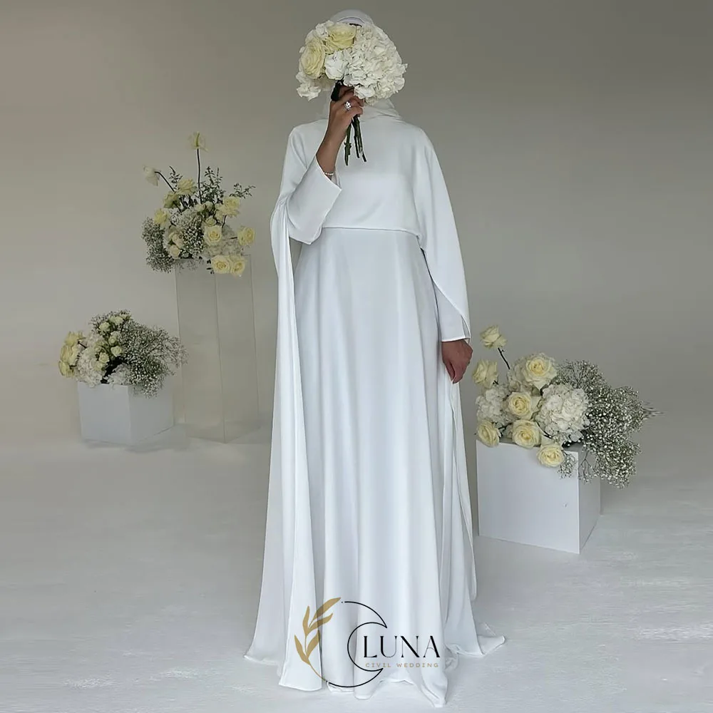 Luna Maßgeschneiderte Bescheidene Muslimische Hochzeitskleider für Frauen Hochgeschlossenes Brautkleid Lange Ärmel Weißes Standesamtliches Brautkleid