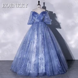 Puff Sleeves Princess Prom Dress Ball Gown vestido festas luxo Off Shoulder 3D Flowers Sequined Formal Occasion Party Dresses