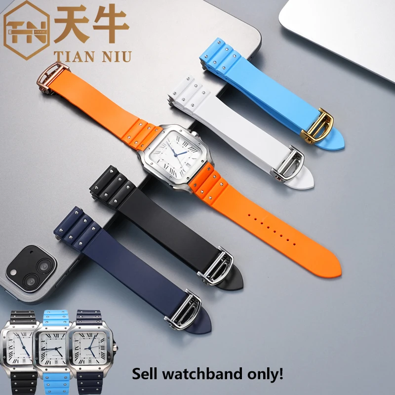 For Cartier SANTOS Santons FKM watch band 21mm folding buckle bracelet metal joint Quick release Fluororubber strap black/blue
