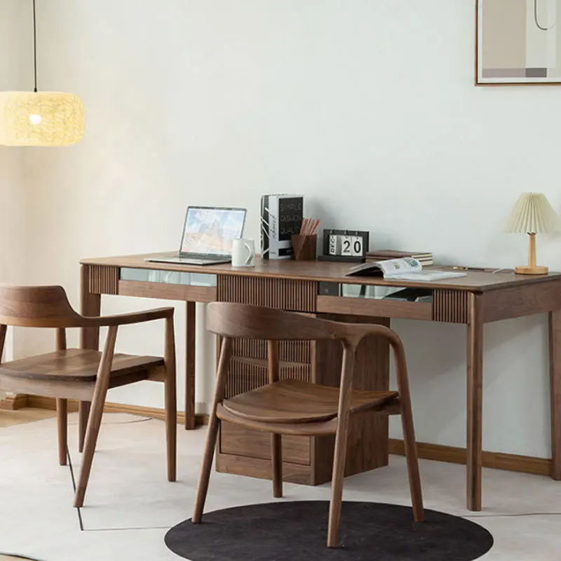 Nordic black walnut all solid wood desk double light luxury modern computer bookcase integrated learning to write