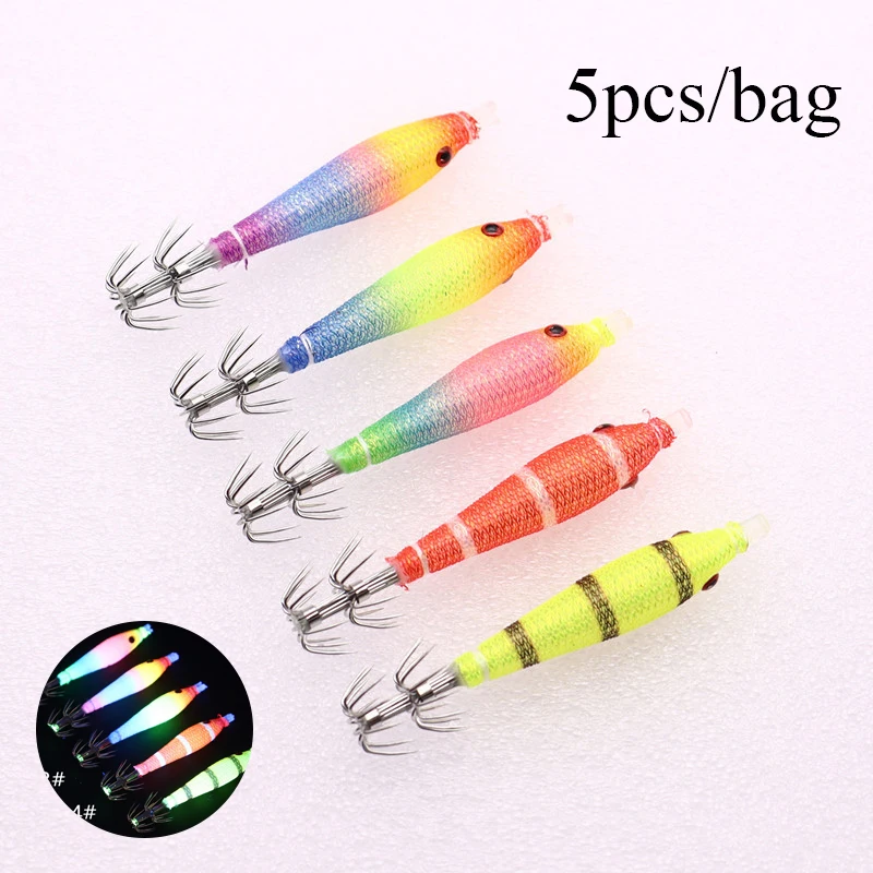 5pcs/bag 68mmCloth Roll Luminous UV Blowing Tube Fishing Octopus Jig Wood Shrimp Bait Squid Hook pesca Fishing Explosion Hook