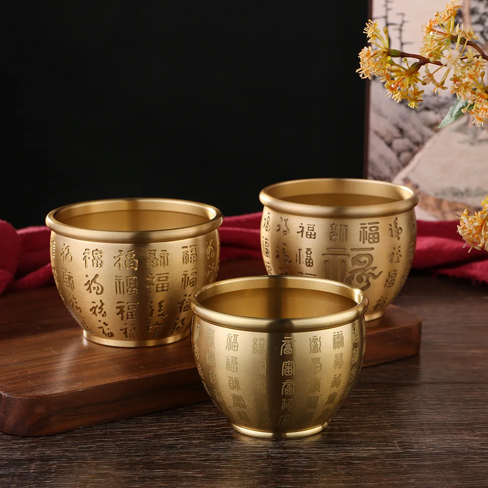 

Pure Brass Hundred Blessings Treasure Pot Handmade Finely Carved Large Cylinder Ashtray Tabletop Ornaments, Handicrafts, Gifts,