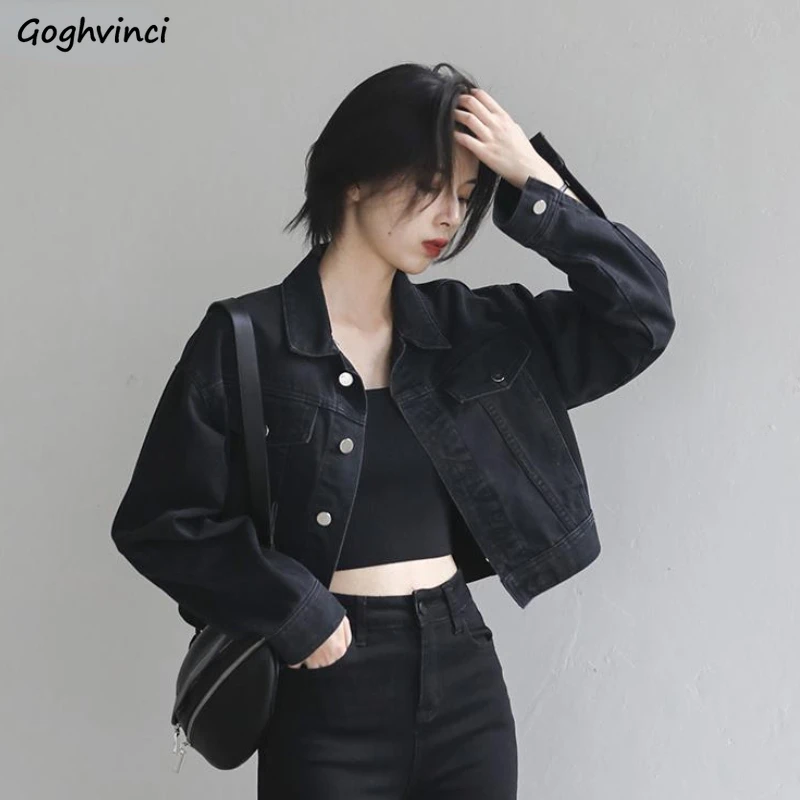 

Black Cropped Denim Jackets Women Cool Streetwear Retro Female Basic Chic Ulzzang All-match Chaqueta Mujer Teens Spring Harajuku