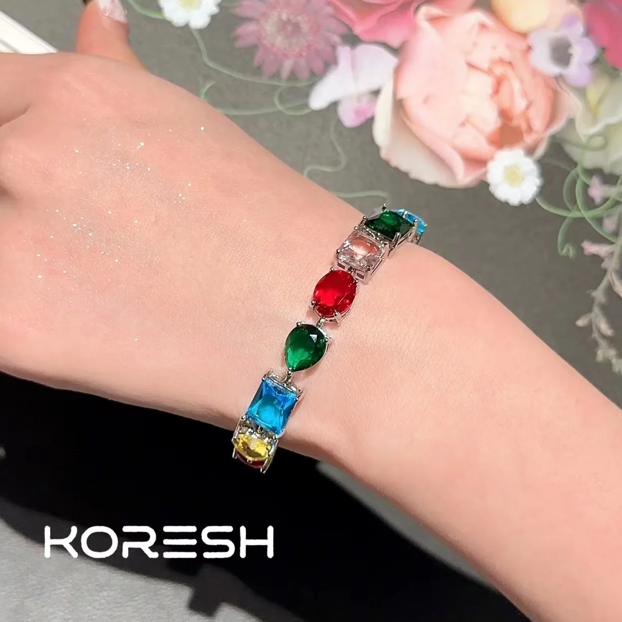 Women Austrian Rainbow Gem Bracelet Fantasy Bubble Plated 18K Gold Margaret Colored Gem Zircon Ring