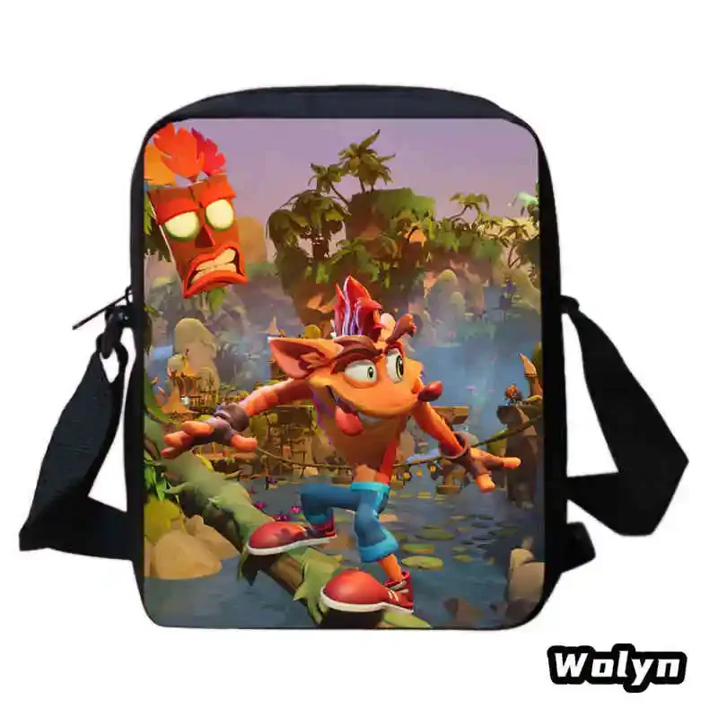 Cartoon School Bags for Boy Girl,Anime Crash Bandicoot Shoulder Bags Anime Prints School Crossbody Bags,Child Messenger Satchel