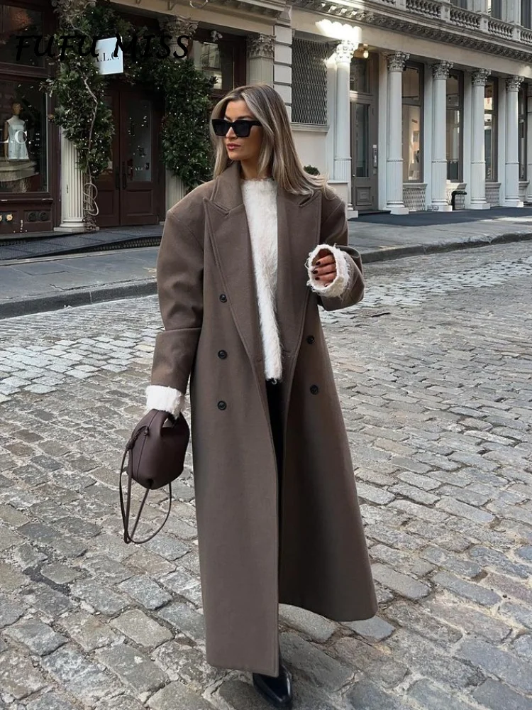 

Solid Woolen Lapel Long Coats For Women Loose Full Sleeve Double Breasted Shoulder Pads Overcoats 2024 Autumn New Lady Outwears