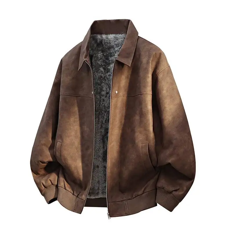 Men's Winter Thickened Warmth Cotton Jacket Fleece Lined PU Leather Retro Oversized Fashion Urban Style Collar Coat