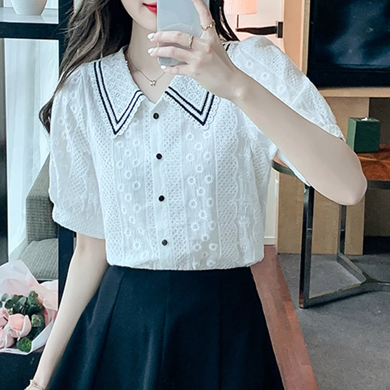 Women Korean Fashion Lace Sweet Button Up Shirt 2024 Summer Elegant Contrast Color Blouse Vintage Short Sleeve Tops Chic Blusas