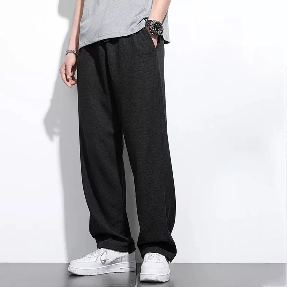 

Men's Solid Color Fashionable Casual Waffle Loose Pocket Lace Up Pants