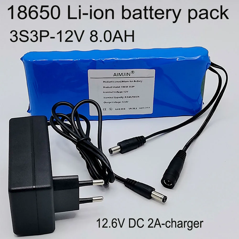 

12V 3s3p with BMS battery pack 18650 rechargeable lithium-ion battery 12V 8000mAh ultra large capacity+12.6V DC 2A charger