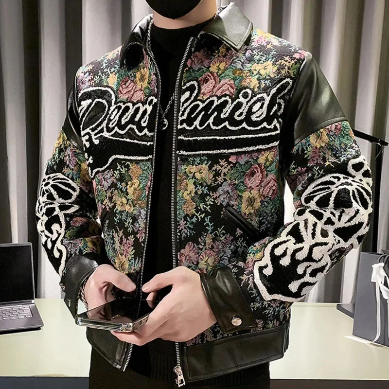 Letter Jacquard Jacket Coats Print Leather Stitching Baseball Hip Hop Streetwear Stitch Stage DJ Club Bomber